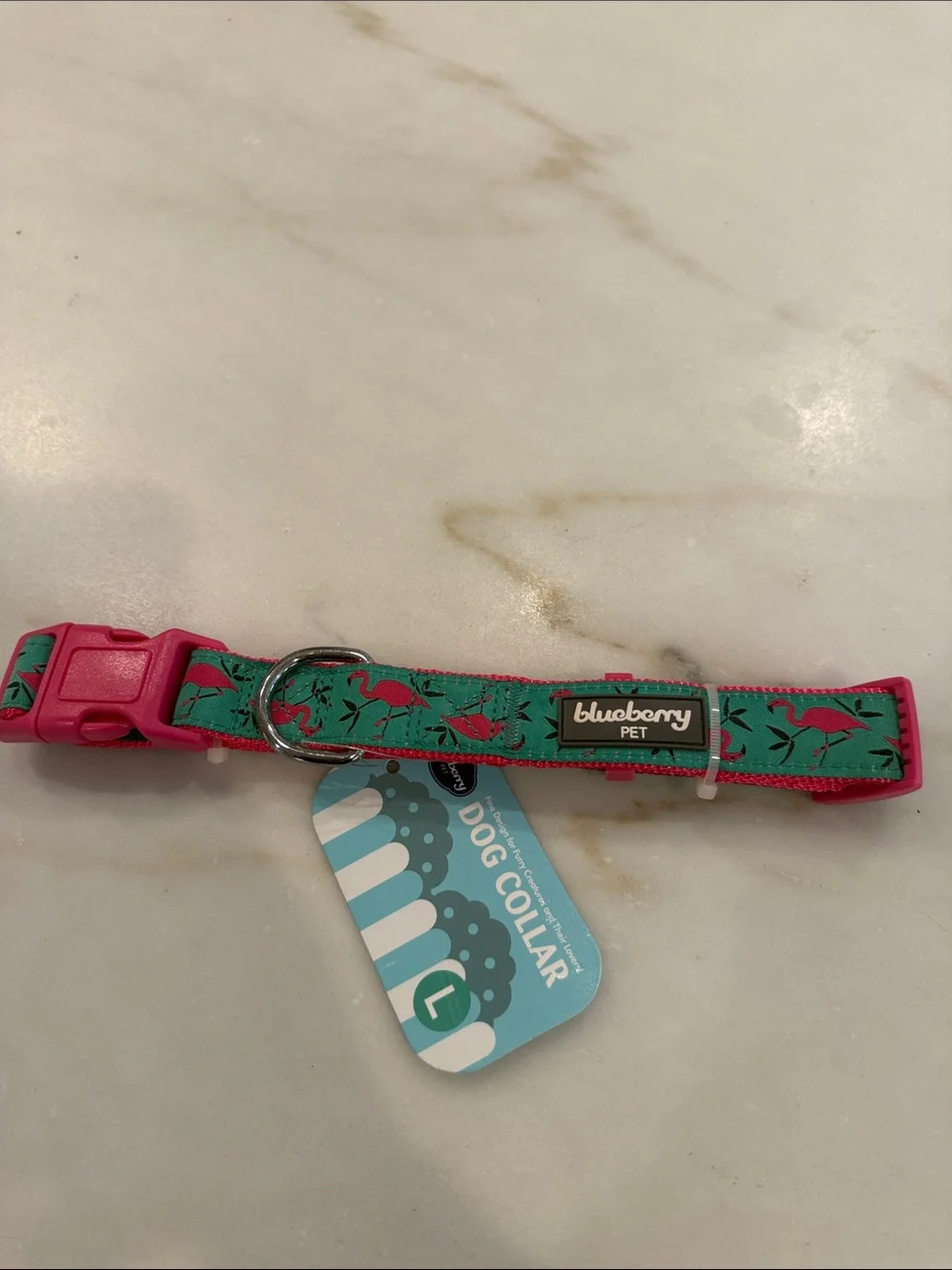 Blueberry Pet Flamingo Print Dog Collar — Pink & Teal for 50-80lbs